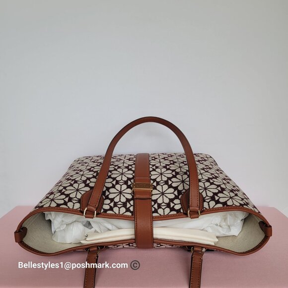 KATE SPADE Spade-Flower Jacquard and Leather Medium Open Tote- Burgundy Multi⭐ - Picture 11 of 16